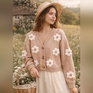 Dreamers by Debut 3D Flower Cardigan Cropped Knit Sweater Small